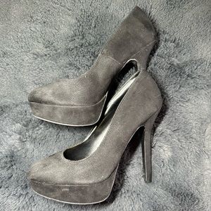 Black, faux suede 5.5 inch heels. By Brash